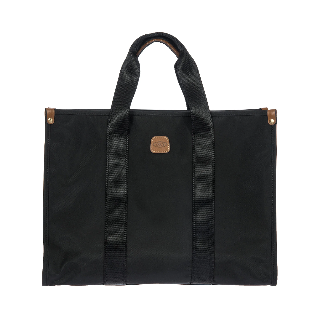 Borsa opera BRIC'S X-Collection nera, vista frontale, maniglie, dettagli pelle marrone
