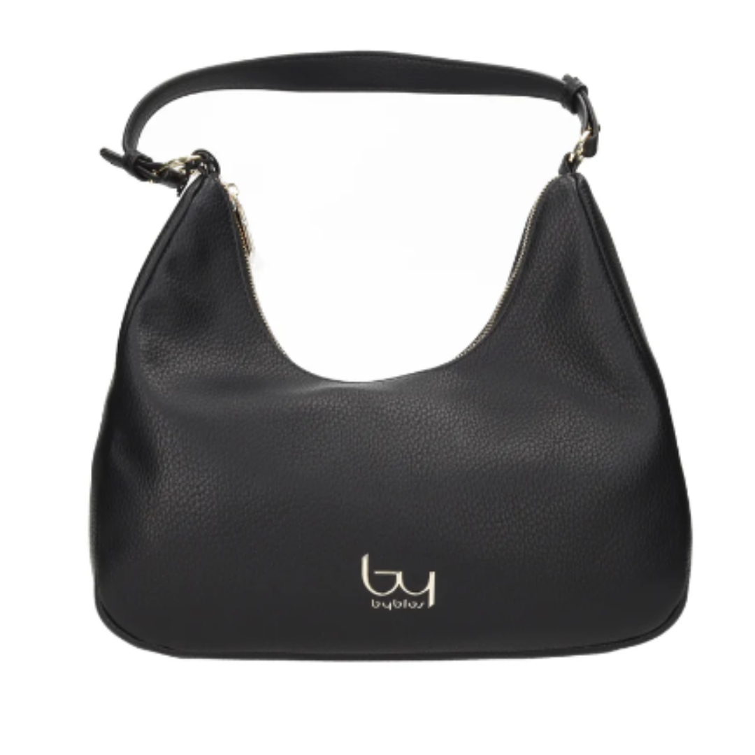 Borsa a spalla Adventure Byblos nera, manici, logo by, materiale goffrato