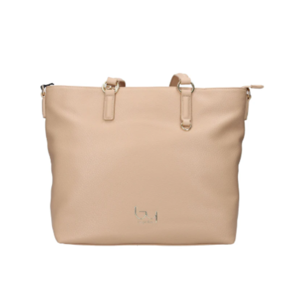 Borsa donna ADVENTURE, colore sabbia, vista frontale con doppi manici in pelle