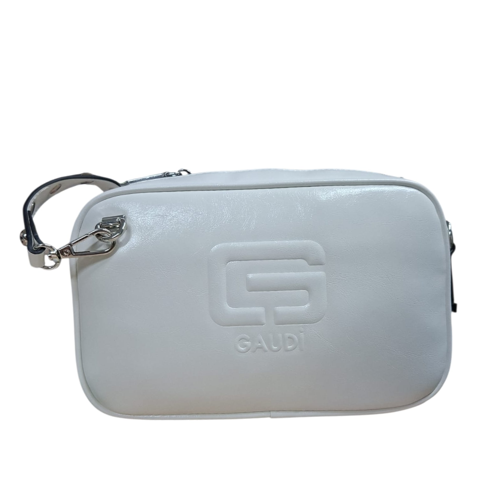 Borsa a spalla GAUDI GRETA bianca, logo in rilievo, tracolla grigio scuro