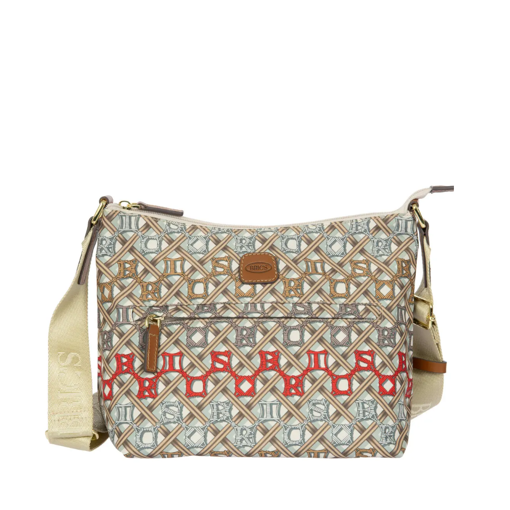 Tracolla Bric's X-Collection Macramé beige con pattern geometrico e dettagli pelle marrone