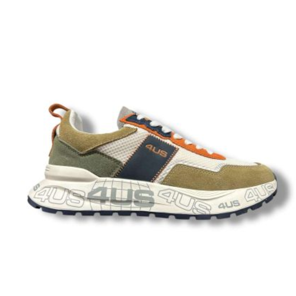 Sneaker uomo 4US Paciotti verde kaki arancio blu bianco, vista laterale destra