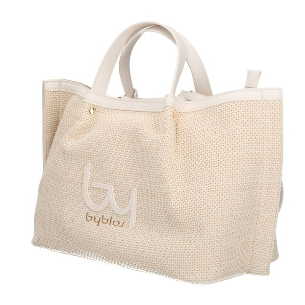 Borsa tote donna Byblos Seek tessuto traforato manici corda naturale/avorio