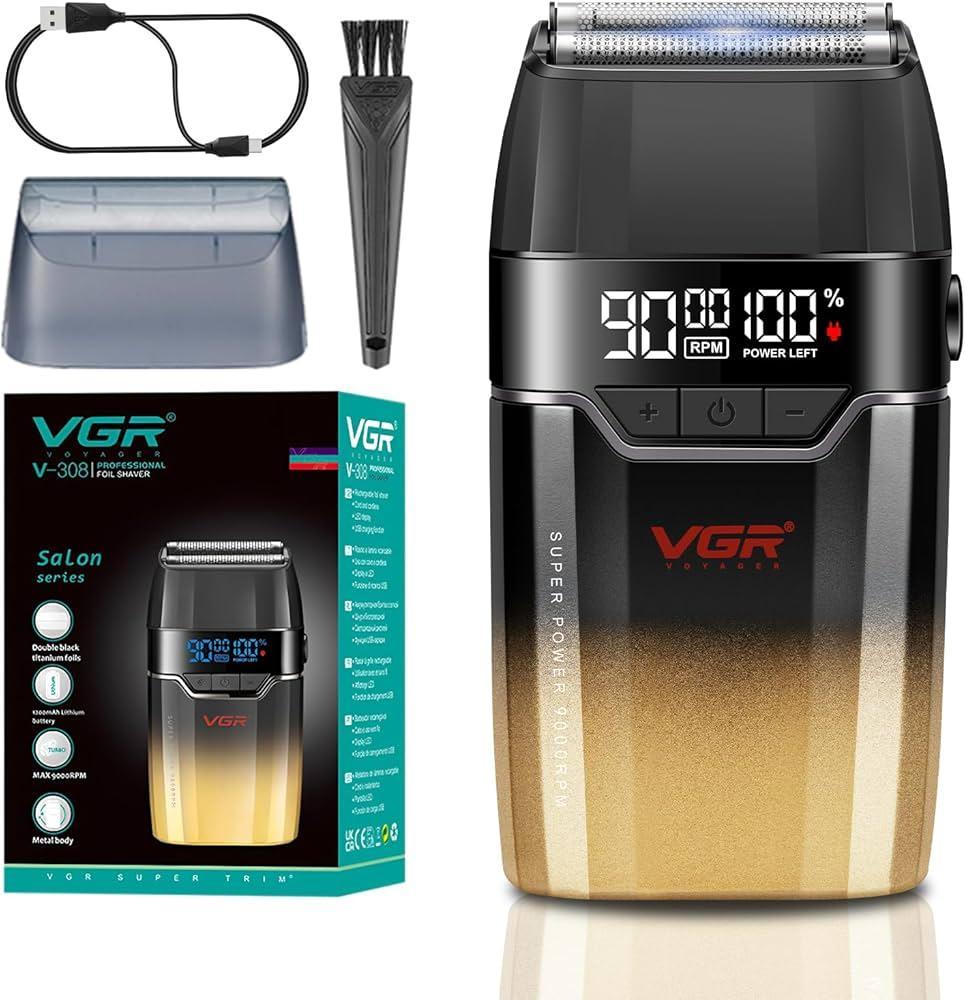 VGR V-308 Gold rasoio con accessori: cavo USB, pettine, vaschetta pulizia e confezione